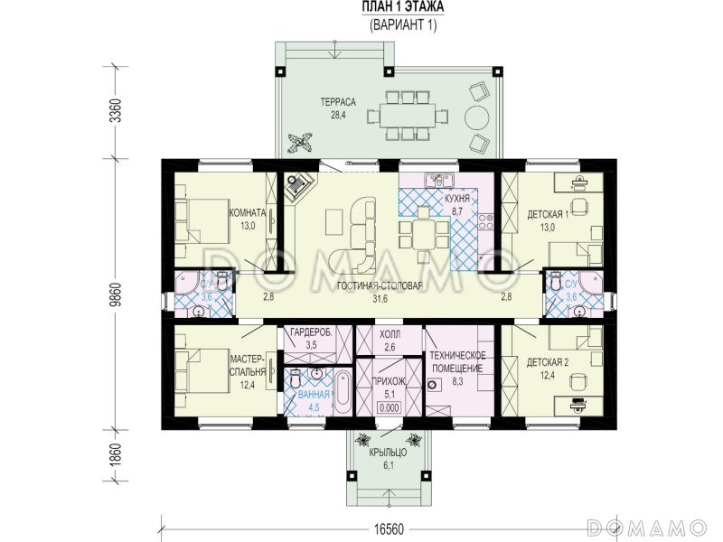 Проект одноэтажного дома из газобетона с 4 комнатами и 3 санузлами и крытой террасой / План 1 этажа