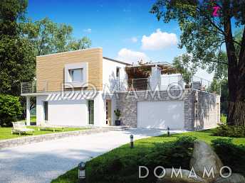 Проект современного двухэтажного дома с плоской крышей из газобетона с четырьмя спальнями, гаражом и просторной террасой над ним Проект современного двухэтажного дома с плоской крышей из газобетона с четырьмя спальнями, гаражом и просторной террасой над ним