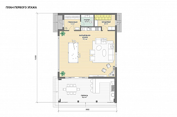 Проект каркасной беседки с крытой террасой барбекю, кухней и бильярдной / План 1 этажа