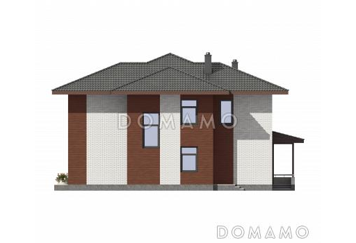 Проект двухэтажного дома из газобетона с крытой террасой, просторной гостиной с камином / Фасад 1