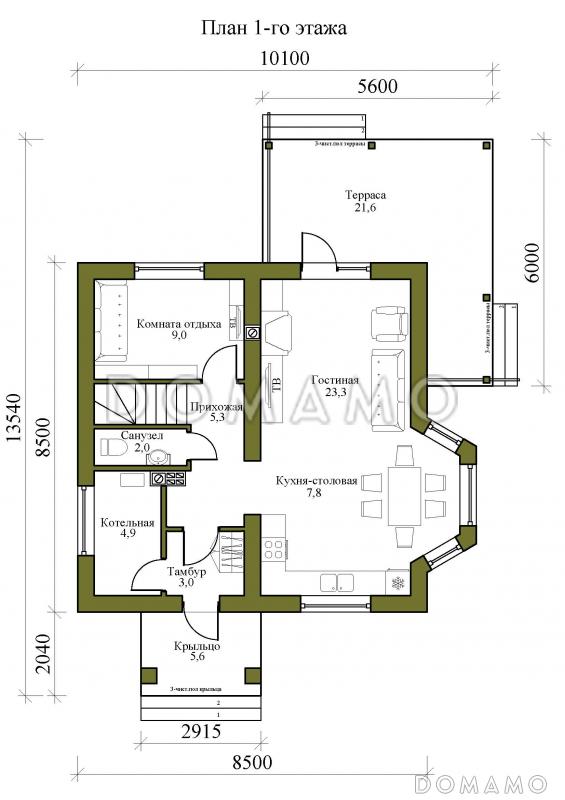 Проект одноэтажного дома с мансардой и ломанной крышей / План 1 этажа