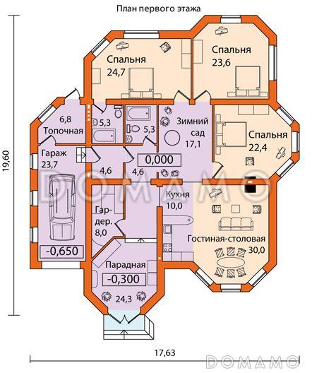 Проект одноэтажного дома из SIP панелей с гаражом чуть больше 200 кв. м / План 1 этажа Проект одноэтажного дома из SIP панелей с гаражом чуть больше 200 кв. м / План 1 этажа