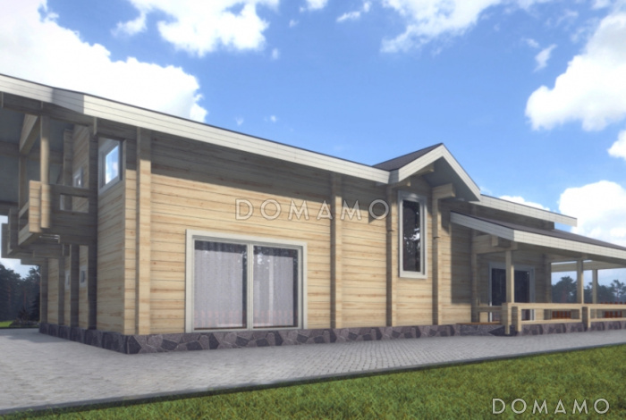 Проект дома из клееного бруса с мансардным этажом, огромной террасой и кабинетом на первом этаже Проект дома из клееного бруса с мансардным этажом, огромной террасой и кабинетом на первом этаже