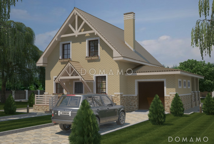 Проект коттеджа с мансардным этажом, гаражом и большой террасой