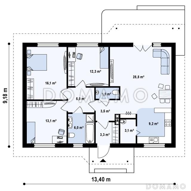 Проект одноэтажного дома из газобетона с тремя спальнями и крытой террасой / План 1 этажа