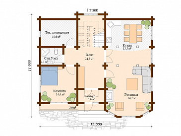 Проект просторного дома из клееного бруса / План 1 этажа Проект просторного дома из клееного бруса / План 1 этажа