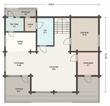 Проект дома из клееного бруса для круглогодичного проживания семьи / План 1 этажа Проект дома из клееного бруса для круглогодичного проживания семьи / План 1 этажа
