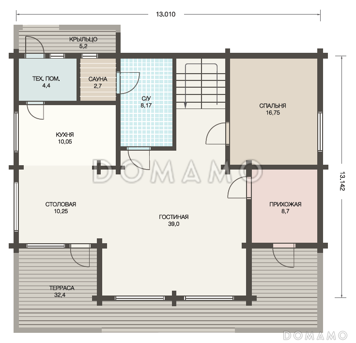 Проект дома из клееного бруса для круглогодичного проживания семьи / План 1 этажа Проект дома из клееного бруса для круглогодичного проживания семьи / План 1 этажа