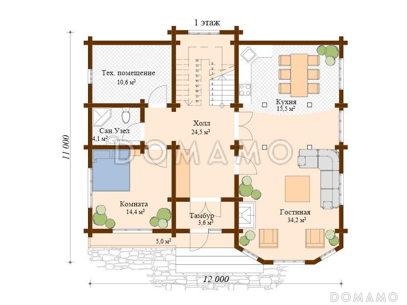 Проект просторного дома из клееного бруса / План 1 этажа