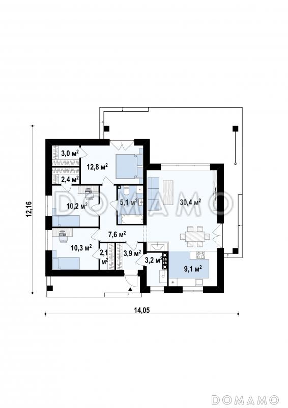 Проект простого комфортного одноэтажного дома из кирпича для небольшой семьи с тремя спальнями / План 1 этажа