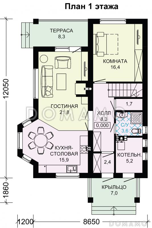 Проект небольшого дома с двумя крытыми террасами / План 1 этажа