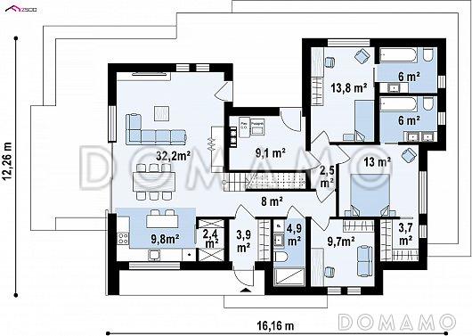 Проект одноэтажного дома из кирпича с кабинетом, двумя спальнями и кинозалом на мансарде / План 1 этажа