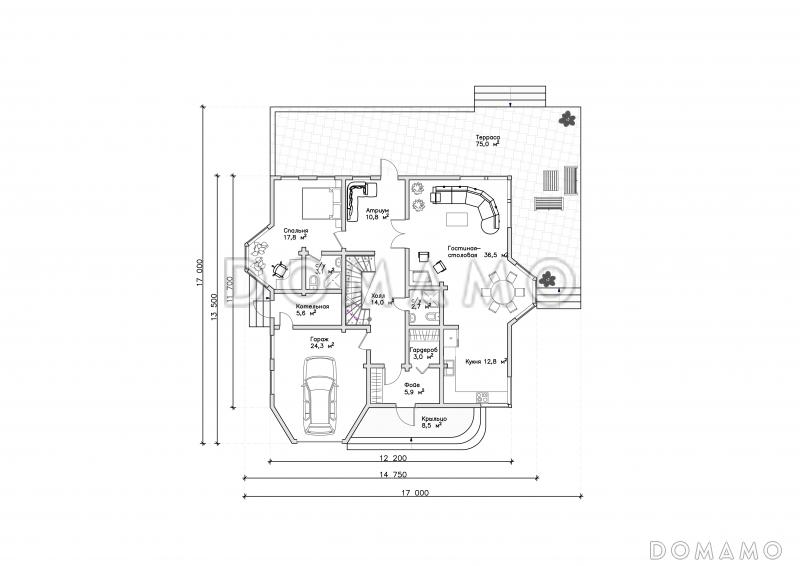 Проект коттеджа с необычными окнами / План 1 этажа