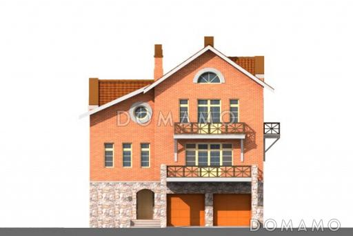 Проект трехэтажного дома с гаражом на две машины, сауной и камином / Фасад 1