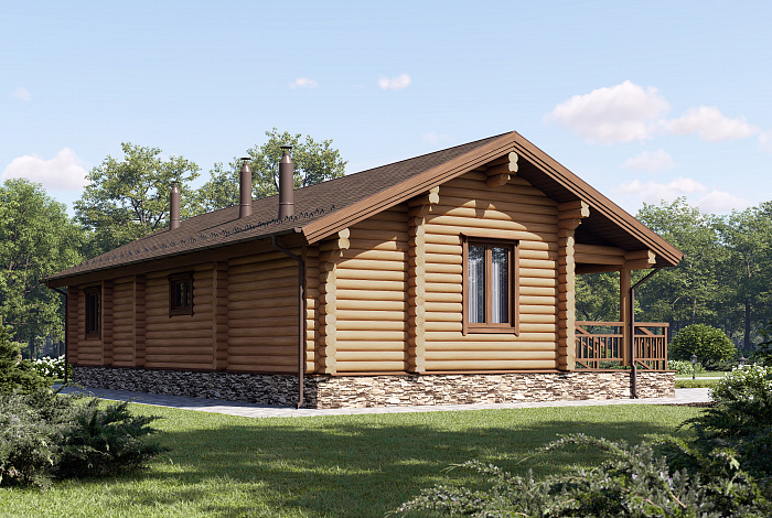 Проект бревенчатого дома с одной спальней, кухней-столовой и просторной гостиной с камином