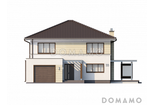 Проект просторного современного двухэтажного дома из газобетона, с четырьмя комнатами, гаражом и вторым светом над гостиной / Фасад 1