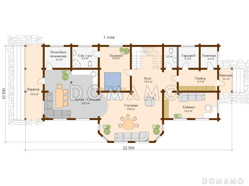 Проект двухэтажного дома из клееного бруса с общим балконам на две спальни / План 1 этажа