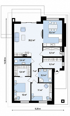 Проект стильного одноэтажного дома из кирпича для небольшой семьи / План 1 этажа Проект стильного одноэтажного дома из кирпича для небольшой семьи / План 1 этажа