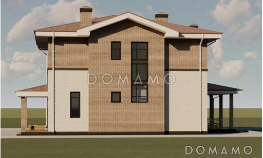 Проект двухэтажного дома из газобетона с двумя каминами на большой террасе и в гостиной / Фасад 1