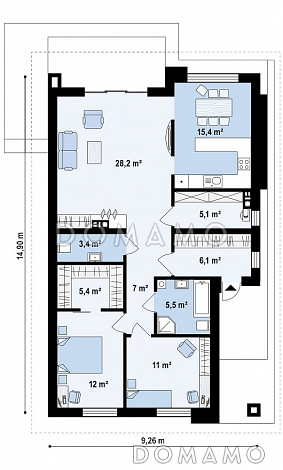 Проект стильного одноэтажного дома из кирпича для небольшой семьи / План 1 этажа Проект стильного одноэтажного дома из кирпича для небольшой семьи / План 1 этажа