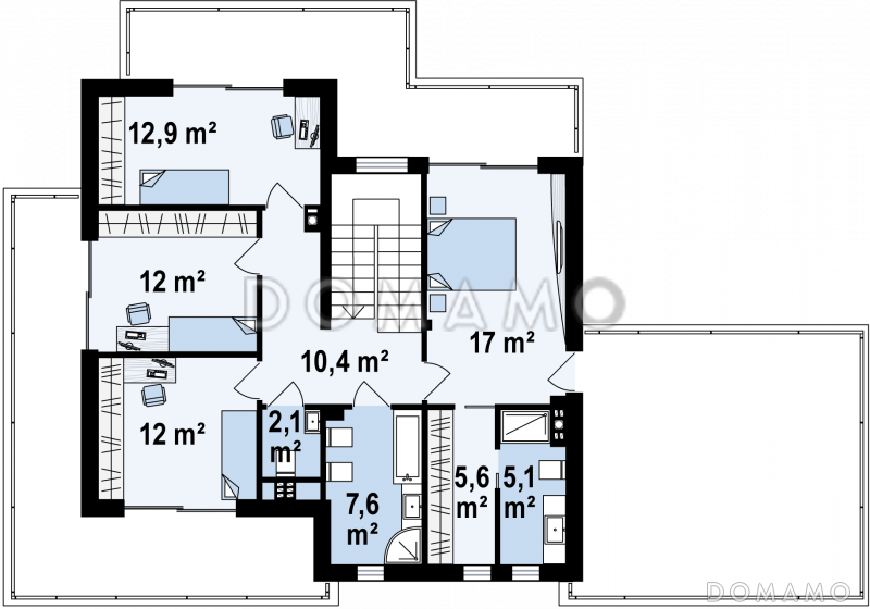 Проект современного двухэтажного дома из газобетона с пятью спальнями, с гаражом для двух автомобилей и террасами на обоих уровнях / План 2 этажа