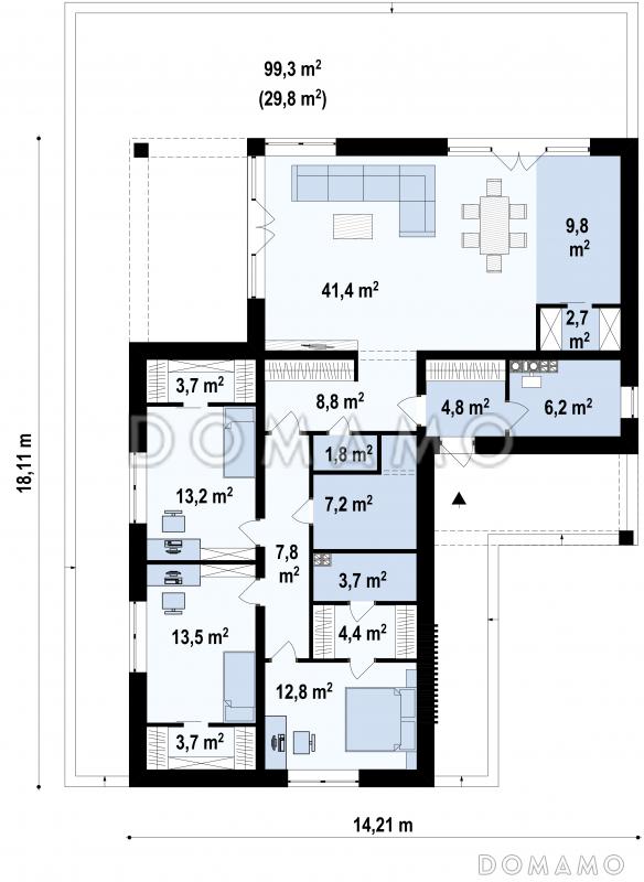 Проект комфортного одноэтажного дома из кирпича с тремя спальнями / План 1 этажа