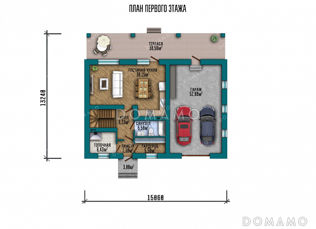 Проект одноэтажного дома с мансардой и гаражом на два автомобиля / План 1 этажа
