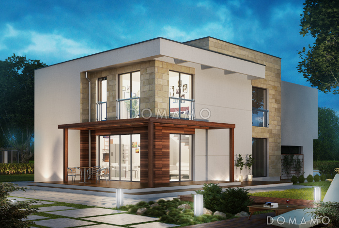 Проект современного загородного дома с гаражом на 2 автомобиля, террасой, большой кухней, кабинетом Проект современного загородного дома с гаражом на 2 автомобиля, террасой, большой кухней, кабинетом