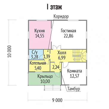 Проект двухэтажного дома из клееного бруса с удобной планировкой / План 1 этажа