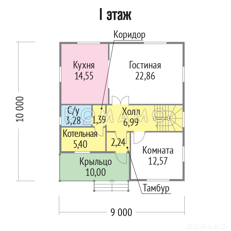Проект двухэтажного дома из клееного бруса с удобной планировкой / План 1 этажа Проект двухэтажного дома из клееного бруса с удобной планировкой / План 1 этажа