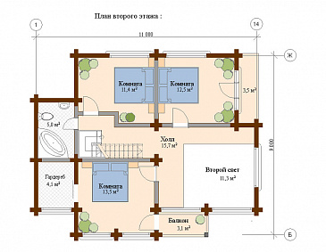 Проект дома из клееного бруса со вторым светом и тремя спальнями на втором этаже / План мансардного этажа Проект дома из клееного бруса со вторым светом и тремя спальнями на втором этаже / План мансардного этажа