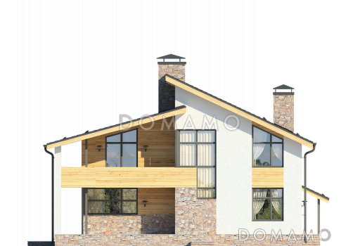 Проект дома из СИП панелей со спальней на первом этаже, ванной с окном, вторым светом в гостиной, двумя балконами / Фасад 2