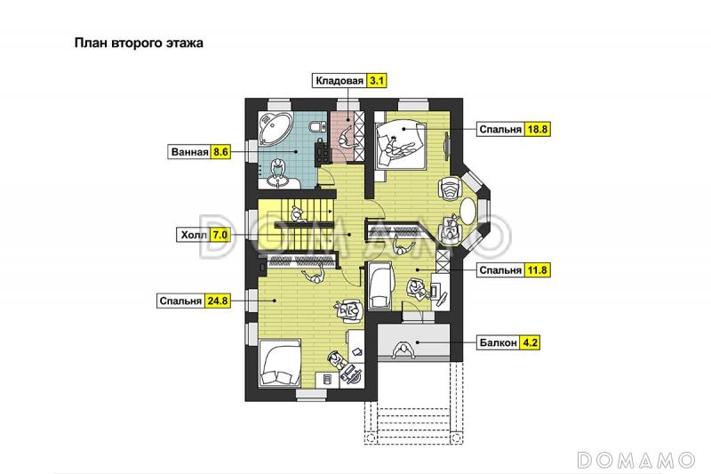 Проект дома с эркером, открытой террасой, балконом, гостиной с камином, гостевыми на мансардном этаже / План 2 этажа