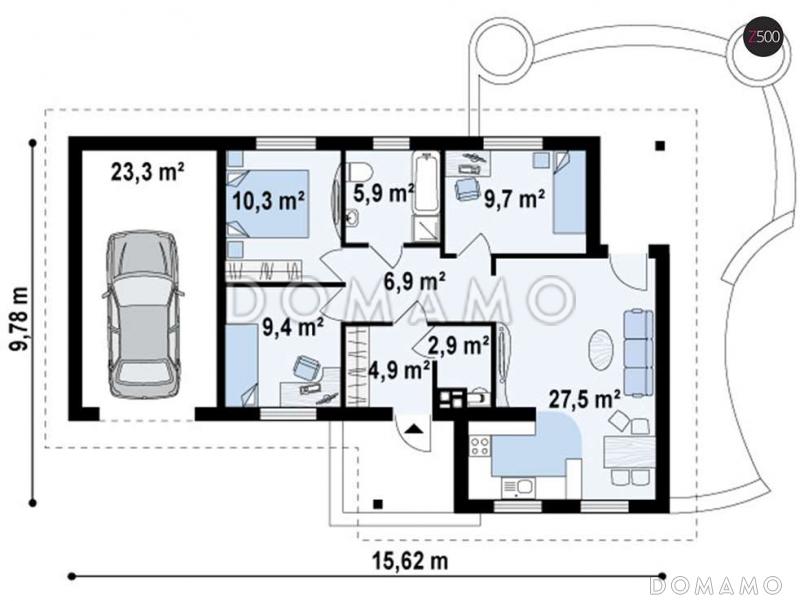 Проект небольшого одноэтажного дома из кирпича с тремя спальнями, красивой угловой террасой и гаражом / План 1 этажа