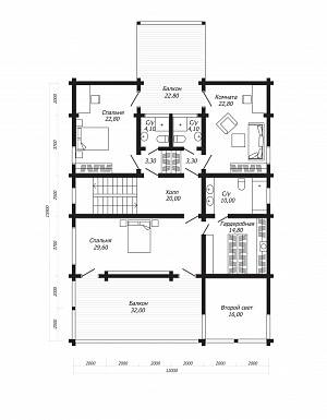 Проект дома из клееного бруса с двумя навесными балконами / План 2 этажа Проект дома из клееного бруса с двумя навесными балконами / План 2 этажа