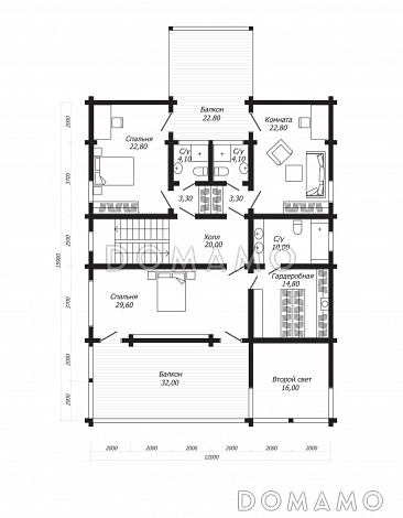 Проект дома из клееного бруса с двумя навесными балконами / План 2 этажа Проект дома из клееного бруса с двумя навесными балконами / План 2 этажа