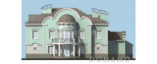 Проект коттеджа с двусветной гостиной, бильярдной и бассейном / Фасад 1 Проект коттеджа с двусветной гостиной, бильярдной и бассейном / Фасад 1