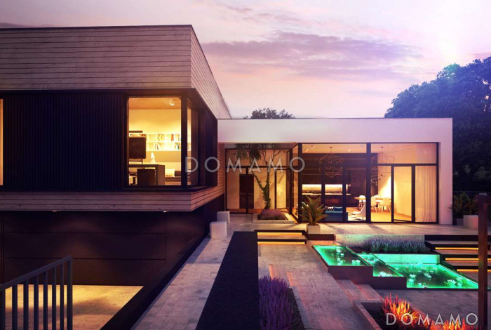 Проект современного двухэтажного дома из кирпича с плоской крышей, с двумя спальнями и подземным гаражом Проект современного двухэтажного дома из кирпича с плоской крышей, с двумя спальнями и подземным гаражом