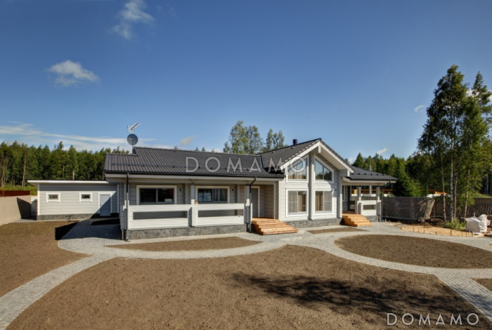 Проект каркасного дома с панорамным остеклением с тремя спальнями Проект каркасного дома с панорамным остеклением с тремя спальнями