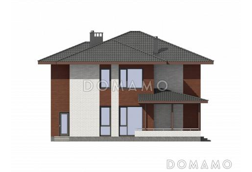 Проект двухэтажного дома из газобетона с крытой террасой, просторной гостиной с камином / Фасад 4
