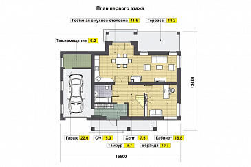 Проект дома с двумя балконами на мансардном этаже / План 1 этажа Проект дома с двумя балконами на мансардном этаже / План 1 этажа