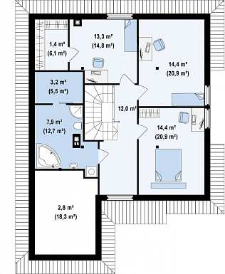 Проект мансардного дома из газобетона с кабинетом, гаражом и техническим помещением / План мансардного этажа Проект мансардного дома из газобетона с кабинетом, гаражом и техническим помещением / План мансардного этажа
