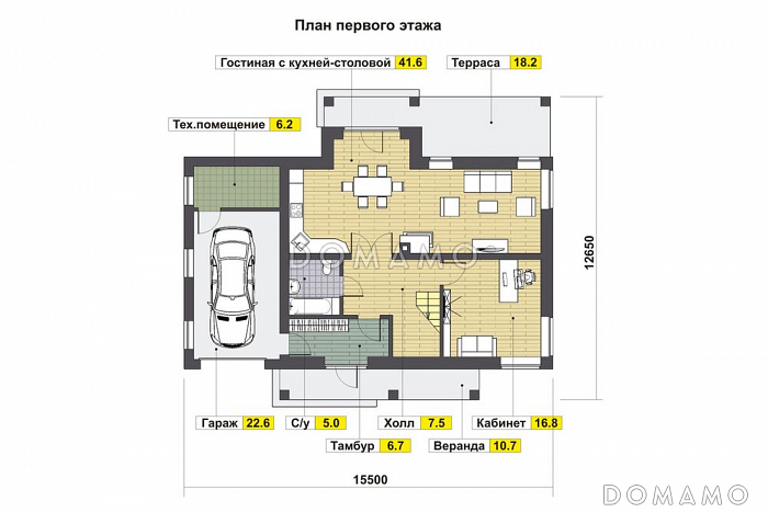 Проект дома с двумя балконами на мансардном этаже / План 1 этажа Проект дома с двумя балконами на мансардном этаже / План 1 этажа