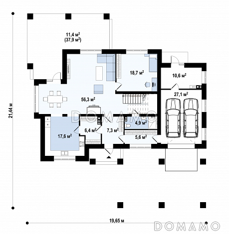 Проект  двухэтажного дома с гаражом на 2 машины, большой гостиной, проходом на кухню из прихожей, отдельным входом в котельную / План 1 этажа