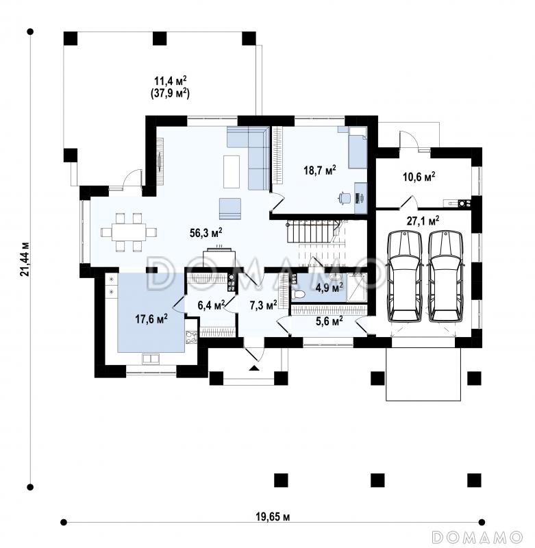Проект  двухэтажного дома с гаражом на 2 машины, большой гостиной, проходом на кухню из прихожей, отдельным входом в котельную / План 1 этажа