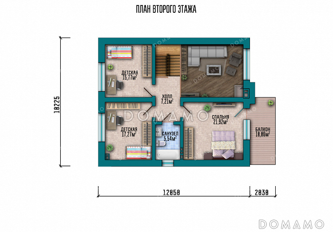Проект дома с панорамными окнами, вторым светом и четырьмя спальнями / План мансардного этажа Проект дома с панорамными окнами, вторым светом и четырьмя спальнями / План мансардного этажа