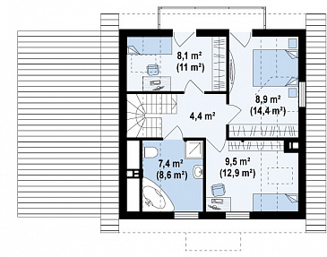Проект одноэтажного дома из газобетона с мансардным этажом и гаражом / План мансардного этажа Проект одноэтажного дома из газобетона с мансардным этажом и гаражом / План мансардного этажа