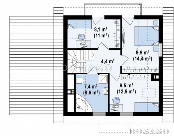 Проект одноэтажного дома из газобетона с мансардным этажом и гаражом / План мансардного этажа Проект одноэтажного дома из газобетона с мансардным этажом и гаражом / План мансардного этажа