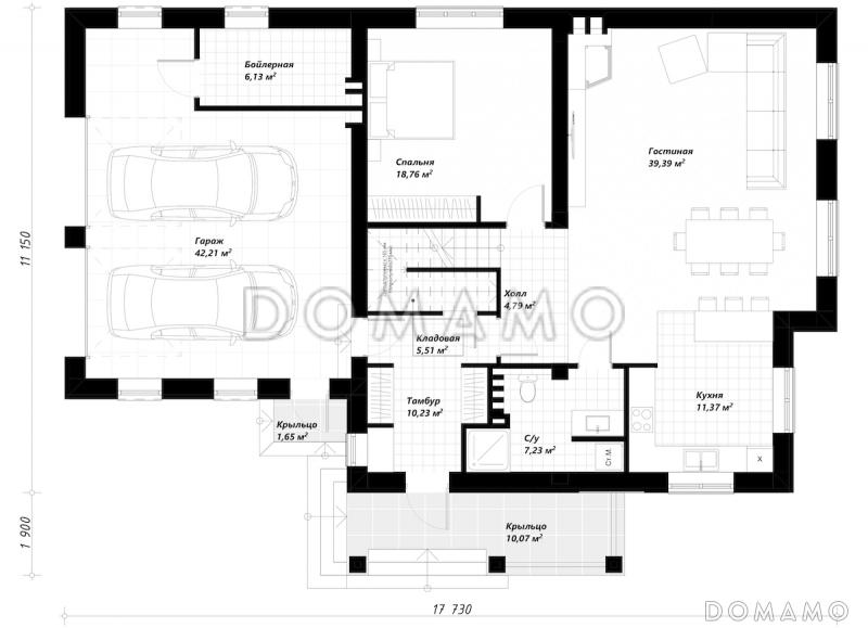 Проект двухэтажного коттеджа из газобетона с вместительным гаражом / План 1 этажа