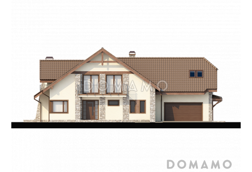 Проект просторного одноэтажного мансардного дома из газобетона с пятью комнатами, балконом и гаражом / Фасад 1